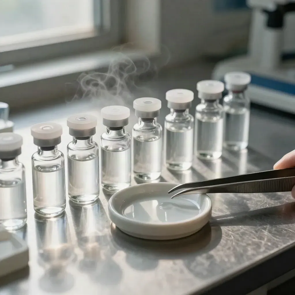 Macro flat lay of lab vials, tweezers, and a weighing dish on brushed steel.