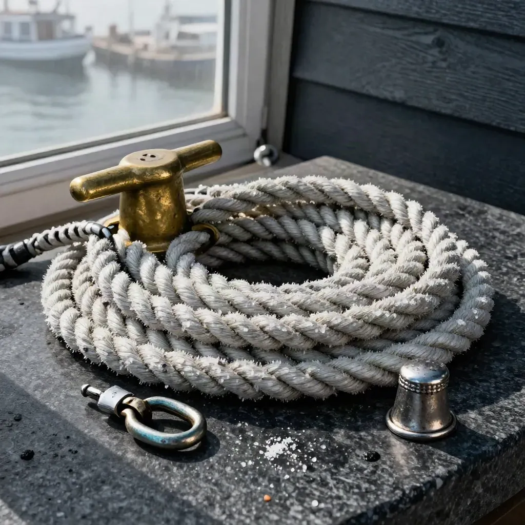 Dock rope, brass cleat and salt-patinated shackle on dark stone with sea mist