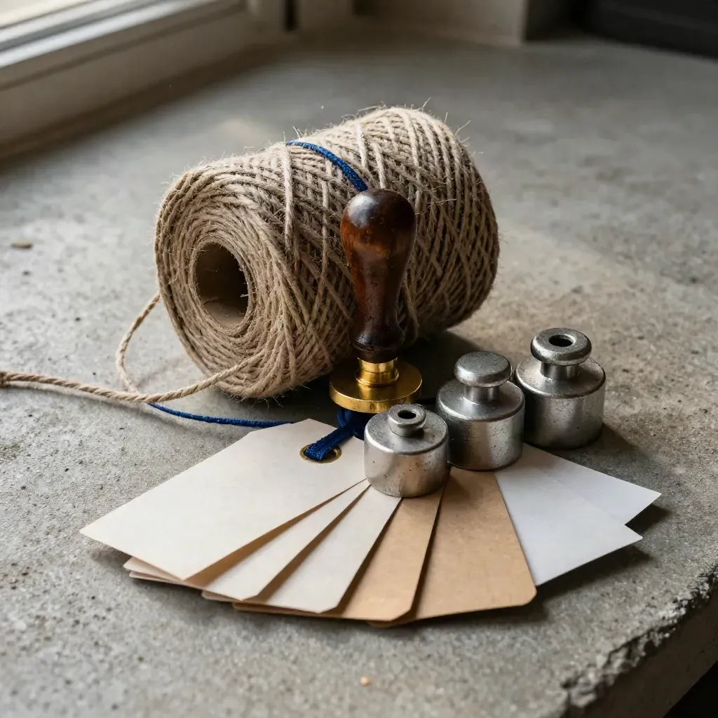 Twine spool, wax seal stamp, parcel weights and shipping tags on brushed concrete