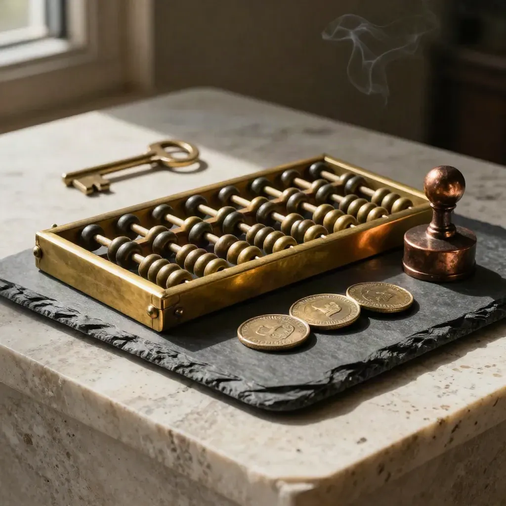 Brass abacus, coin weights, ledger seal and slate tray on pale stone in dramatic finance still life.