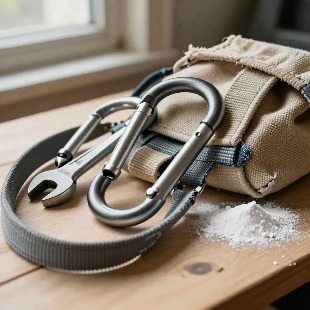 Carabiners, wrench, webbing loops and chalk bag on pale wood with chalk dust