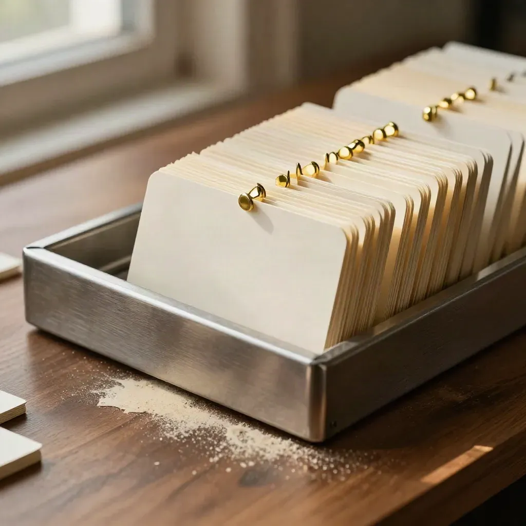 Macro still life of task sorting cards, brass clips, and a slotted metal tray on walnut.