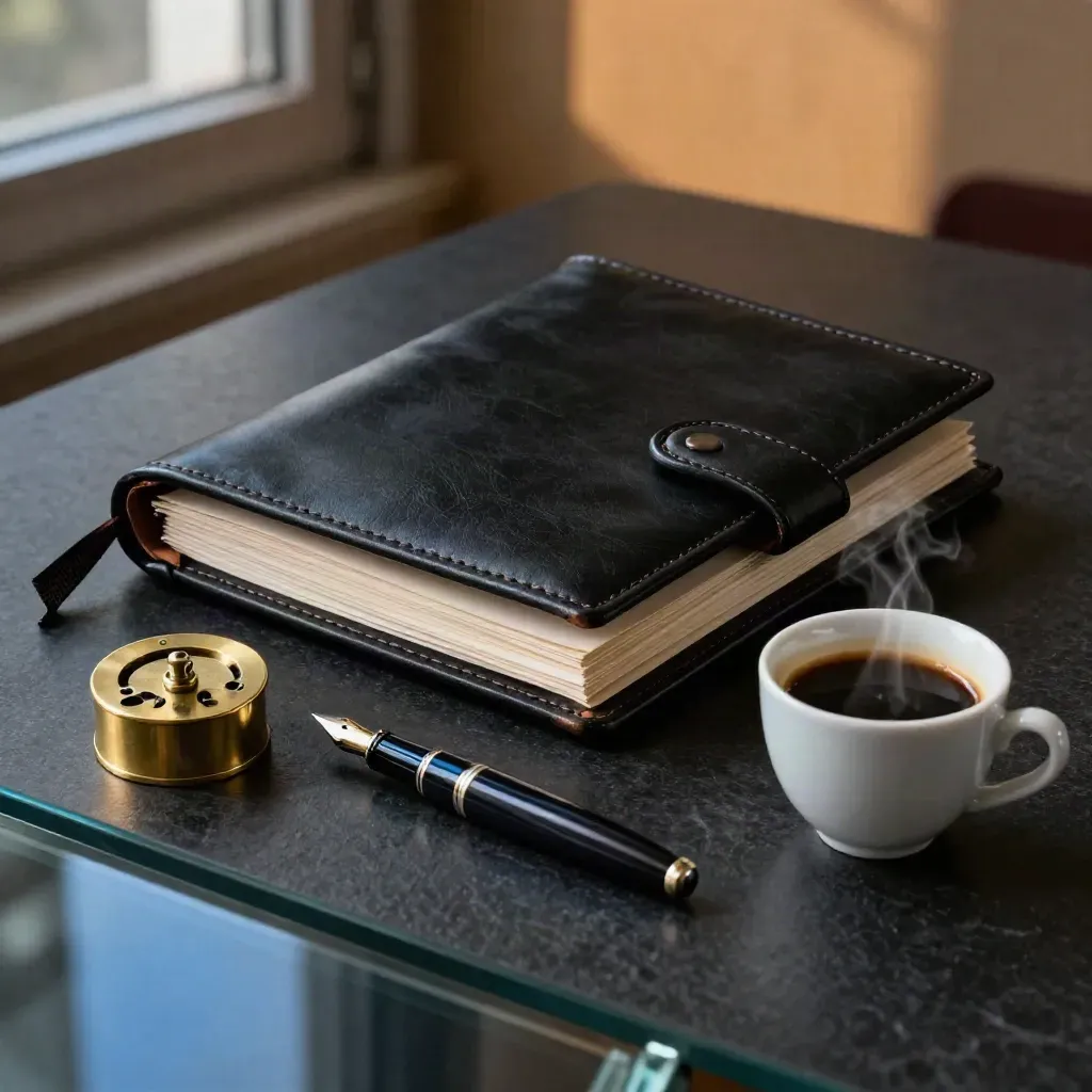 Leather portfolio, brass paperweight, pen cap and coffee cup on black stone, warm dramatic light.