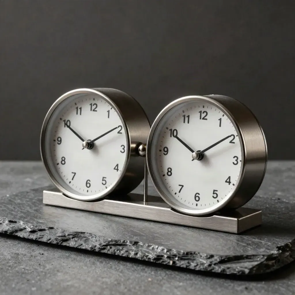 Brushed-metal desk clocks with a date block and pin on slate stone.