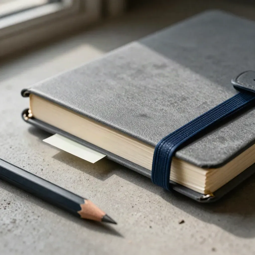 Pocket notebook snaps shut beside pencil and memo tabs on pale concrete.