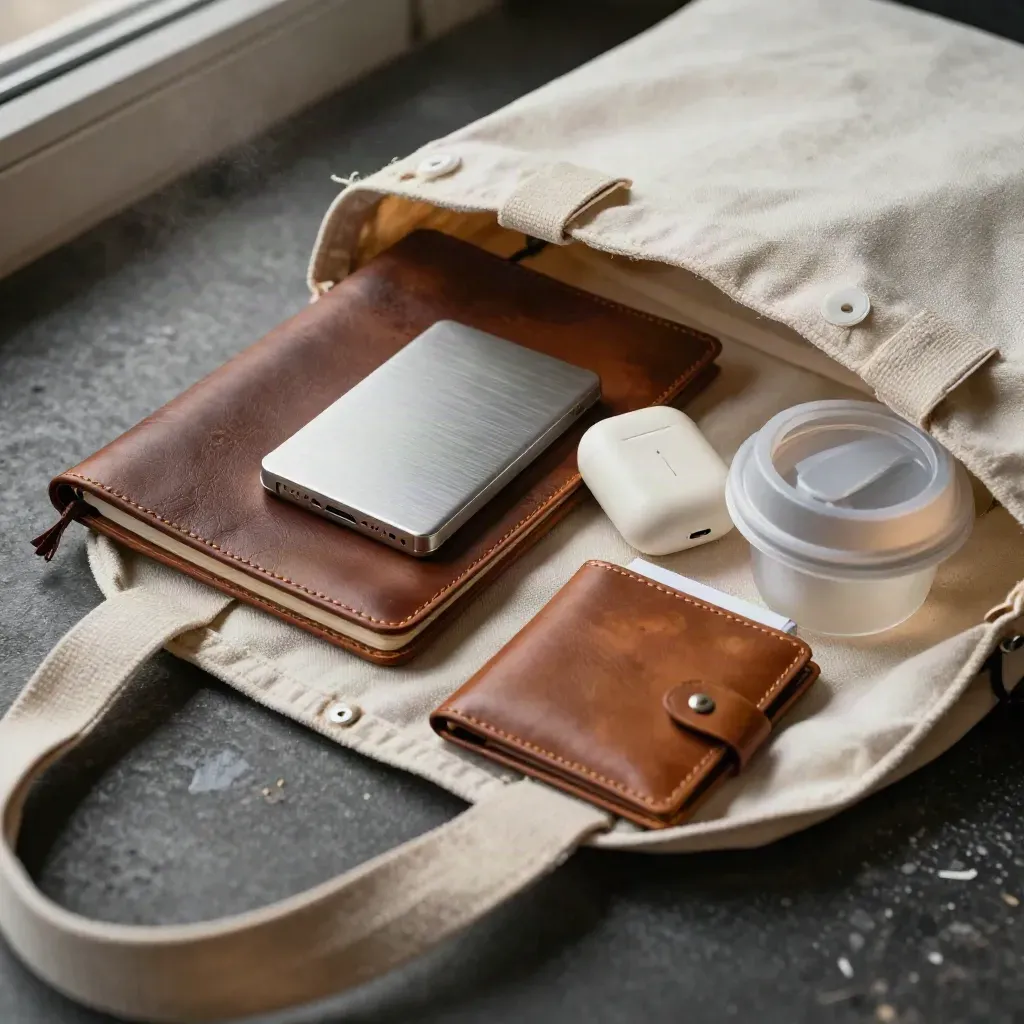 Freelancer travel kit with notebook, SSD, earbuds case, wallet, and cup lid beside an open tote.