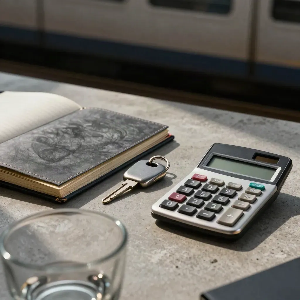 Closed planner, key fob, and calculator on concrete seen through a blurred glass tumbler.