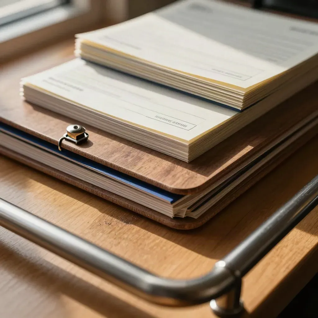 Stacked clipboards and binder clips on honey-oak wood, seen through a metal rail.