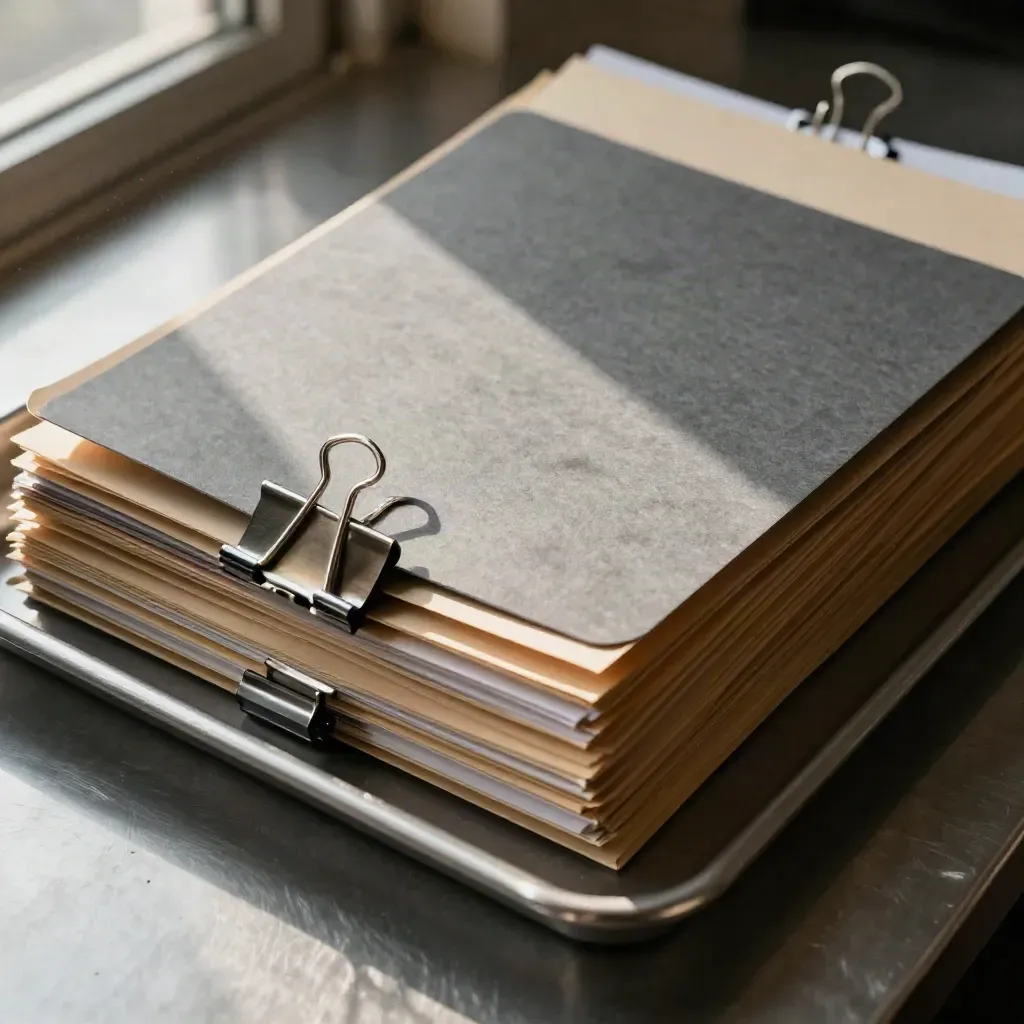Overhead close-up of manila folders, metal clips, and an aluminum tray on brushed steel