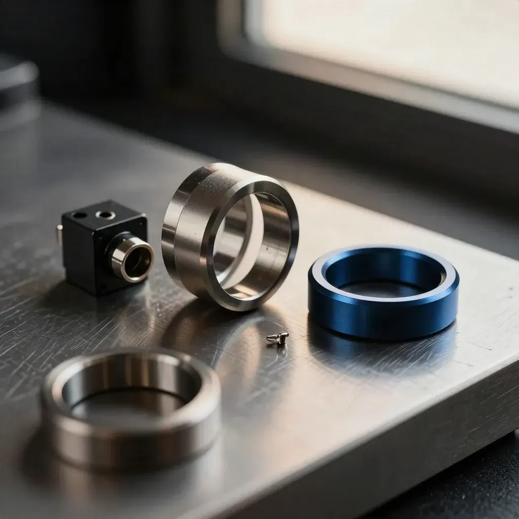 Linked steel rings and a connector block on brushed aluminum, shot in extreme macro