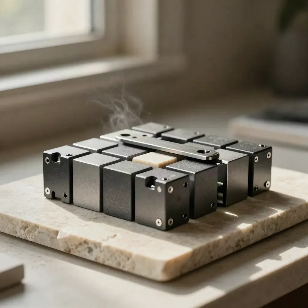 Graphite modular blocks and a bridge plate on pale stone, lit dramatically in a premium still life.