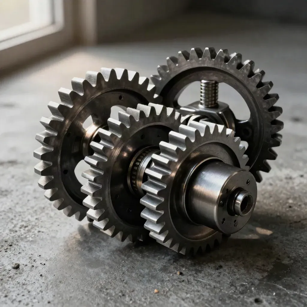 Dark metal gears and precision spacers aligned on textured concrete, seen from directly above.