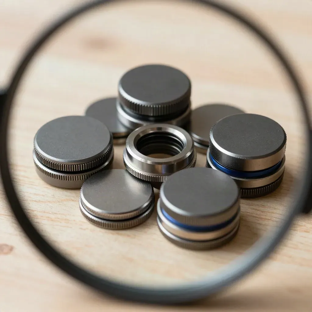 Precision couplers and metal discs locking together on pale wood with soft daylight